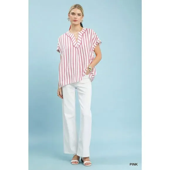 Umgee Mixed Stripe Split Neck Oversized Blouse - Picture 4 of 5